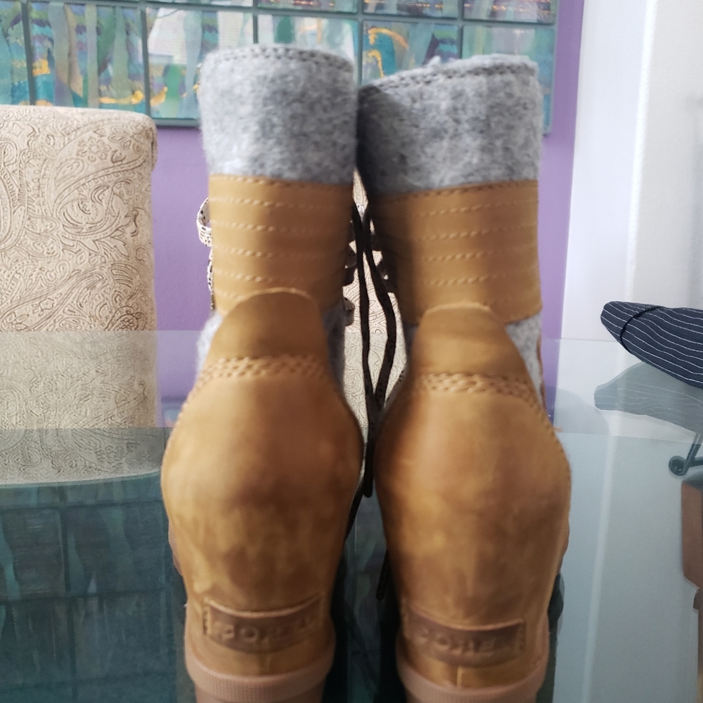 Sorel Tan and Gray Wedge Lace-Up Ankle Boots - Picture 2 of 12